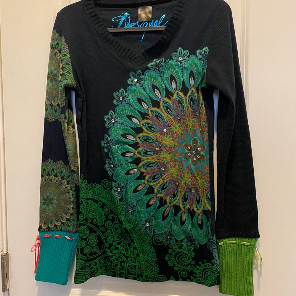 Desigual Black and Teal Graphic Sweater